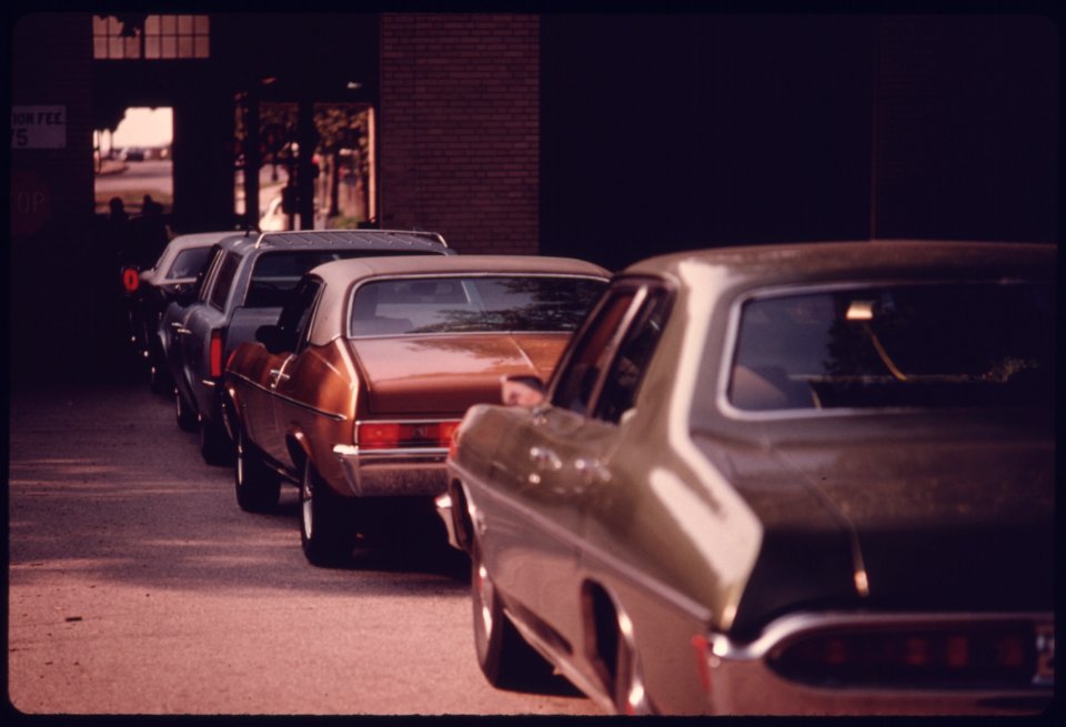 Motorists in Line at the Safety Lane at an Auto Emission Inspection Station in Downtown Cincinnati, Ohio...09-1975 (4265787059)