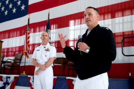 Master Chief Petty Officer of the U.S. Navy Mike Stevens, right, and Chief of Naval Operations Adm. Jonathan W. Greenert hold an all-hands call at Naval Air Station Jacksonville, Fla., May 3, 2013 130503-N-WL435-970
