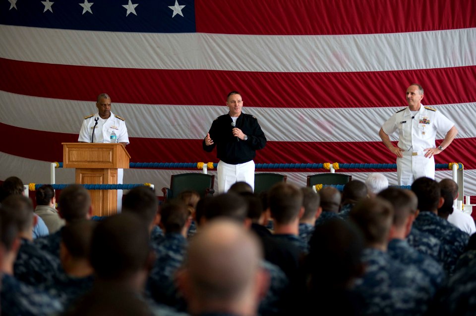 Master Chief Petty Officer of the U.S. Navy Mike Stevens, center, and Chief of Naval Operations Adm. Jonathan W. Greenert, right, speak to Sailors at an all-hands call at Naval Air Station Mayport, Fla., May 3 130503-N-WL435-254