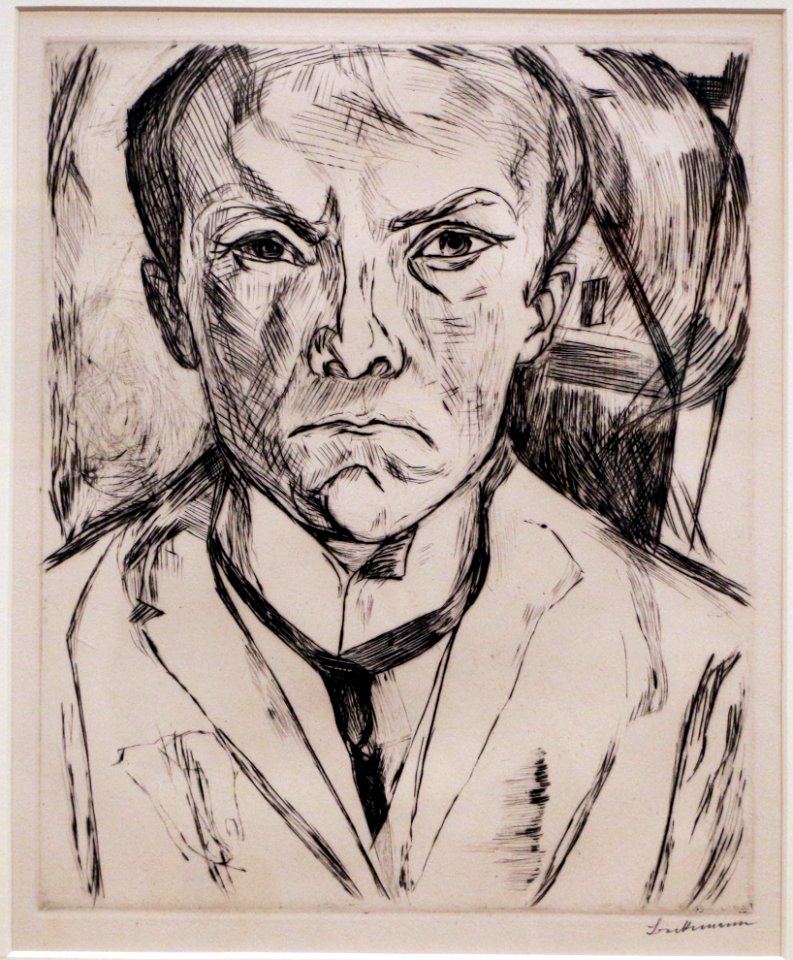 Max beckmann, autoritratto frontale con frontone di casa nello sfondo, 1918