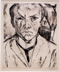 Max beckmann, autoritratto frontale con frontone di casa nello sfondo, 1918