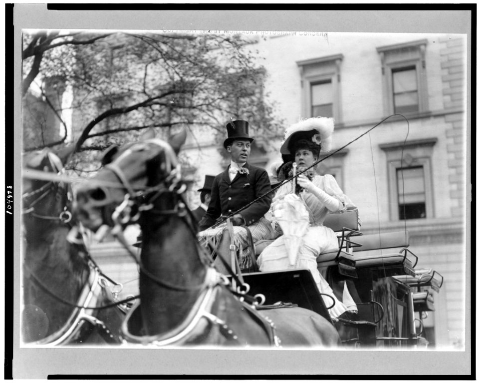 Mr. and Mrs. Goadby Loew riding in carriage; pose no. 1 LCCN92503807
