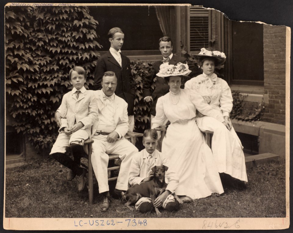 Mr. and Mrs. Theodore Roosevelt with children and dog, some seated, others standing, outdoors) - Pach Bros., N.Y LCCN2009631484