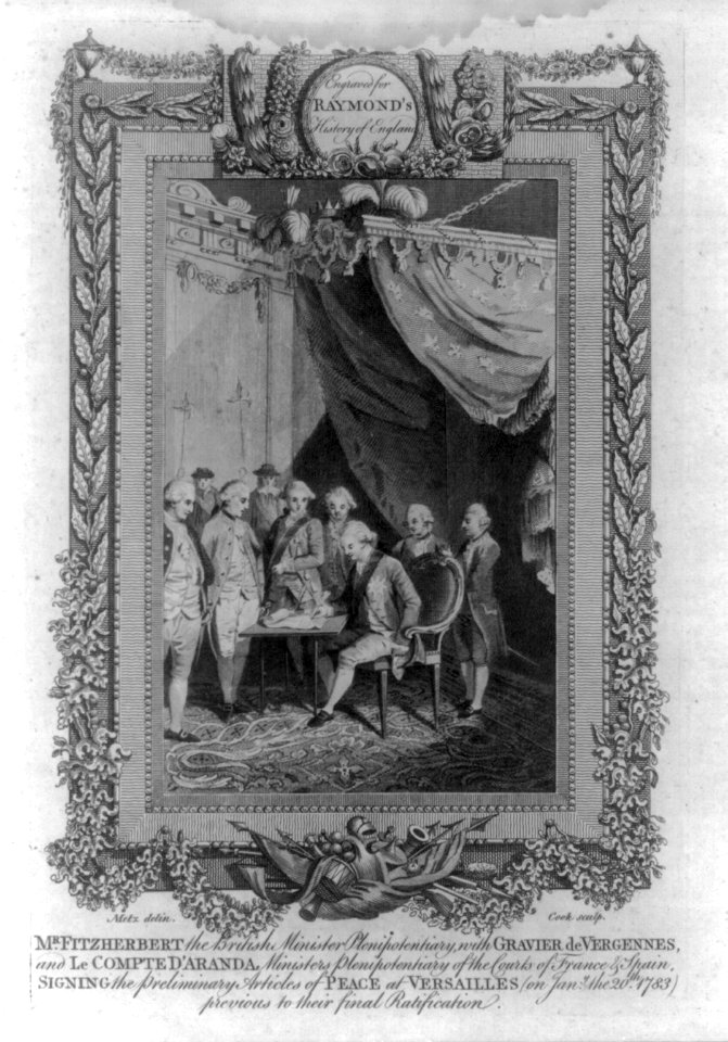 Mr. Fitzherbert the British minister plenipotentiary, with Gravier de Vergennes, and le Compte d'Aranda ministers plenipotentiary of the courts of France & Spain, signing the preliminary LCCN2004670194