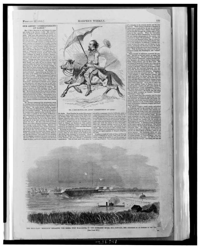 Mr. J. Ross Browne, our artist correspondent at large The iron-clad Montauk engaging the rebel Fort M'Allister, in the Ogeechee River, 28th January, 1863 - - sketched by an officer of LCCN00652800