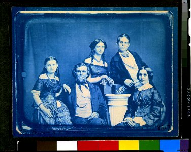 Mr. Zina Hitchcock Benjamin family, posed left to right- Cornelia, Zina Hitchcock, Frances Antoinette, Samuel Clark, and Joanette Clark LCCN97510857