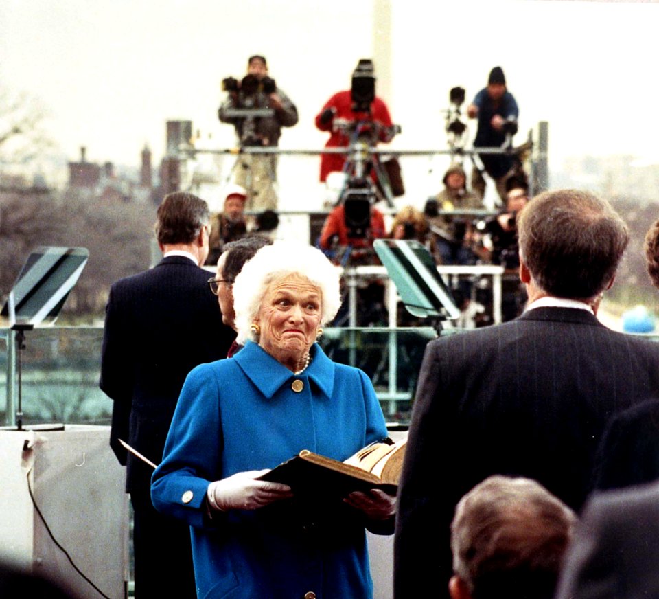 Mrs. Barbara Bush Holds the Two Bibles Her Husband will Use when He Takes the Presidential Oath of Office