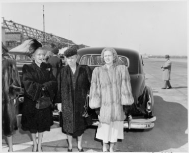 Mrs. Bess Truman and Margaret Truman wait at the airport for the return of President Truman from his Florida vacation... - NARA - 199777