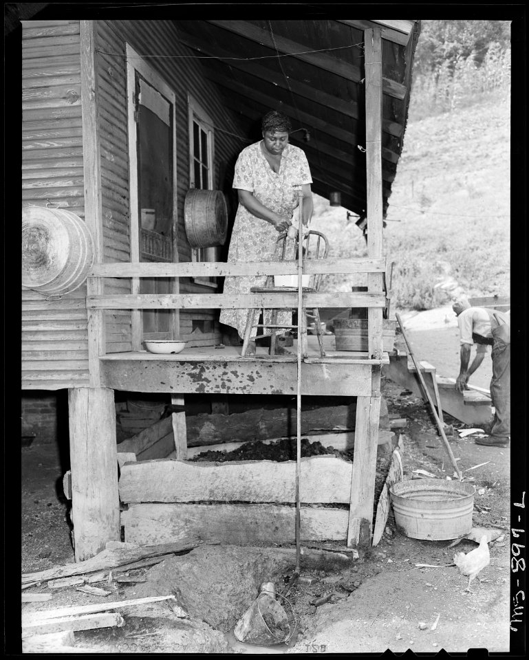 Mrs. Butler Phillips, wife of miner, dressing a chicken on back proch of her home in company housing project. Adams... - NARA - 540598