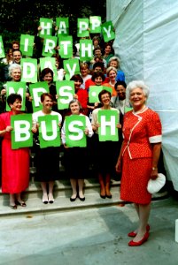 Mrs. Barbara Bush is Surprised by her Staff on the South Portico Steps