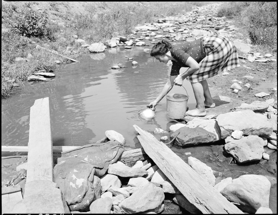 Mrs. Edna Lingar getting wash water from dirty stream, stock wade this stream, privies drain into it, garbage decay... - NARA - 541246