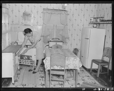 Mrs. Doy Edwards, wife of miner, in kitchen of her home in company housing project. Christopher Coal Company... - NARA - 540236