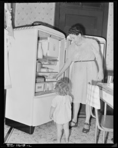 Mrs. E. R. Kunz and her daughter at the electric refrigerator. There is no running water in the house. U.S. Coal and... - NARA - 540882