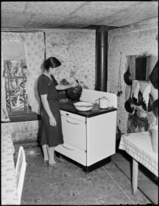Mrs. Hilbert Bargo, wife of miner, in the kitchen of their three room house which they rent for $6 monthly. Big Jim... - NARA - 541176