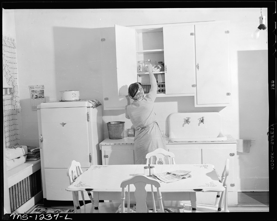 Mrs. Irene Shelton whose husband was killed in mine accident in July, 1946, in kitchen of her six room and bath... - NARA - 540746