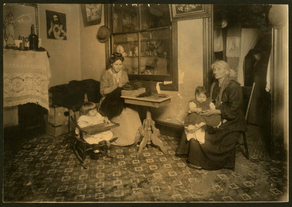 Mrs. Larocca, 233 E. 107th St., N.Y., making willow plumes in an unlicensed tenement. Photo taken Feb. 29, 1912. License was revoked Dec. 19, 1911.Applied for again Feb 7, 1912, inspected LOC nclc.04203