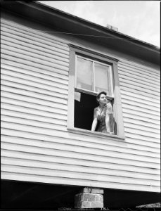 Mrs. Milong Bond, wife of tipple worker, looking out her kitchen window. The company never supplies screening for... - NARA - 540962