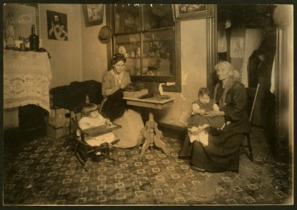 Mrs. Larocca, 233 E. 107th St., N.Y., making willow plumes in an unlicensed tenement. Photo taken Feb. 29, 1912. License was revoked Dec. 19, 1911.Applied for again Feb 7, 1912, inspected LOC nclc.04203 photo