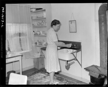 Mrs. Rufus Wilson emptying tray of ice cubes in her kitchen. She lives in house in company housing project. Alabama... - NARA - 540648