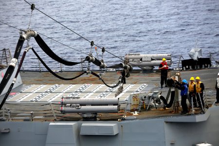 MSC's USNS Charles Drew Conducts Trilateral Replenishment At Sea 160419-N-IX266-027