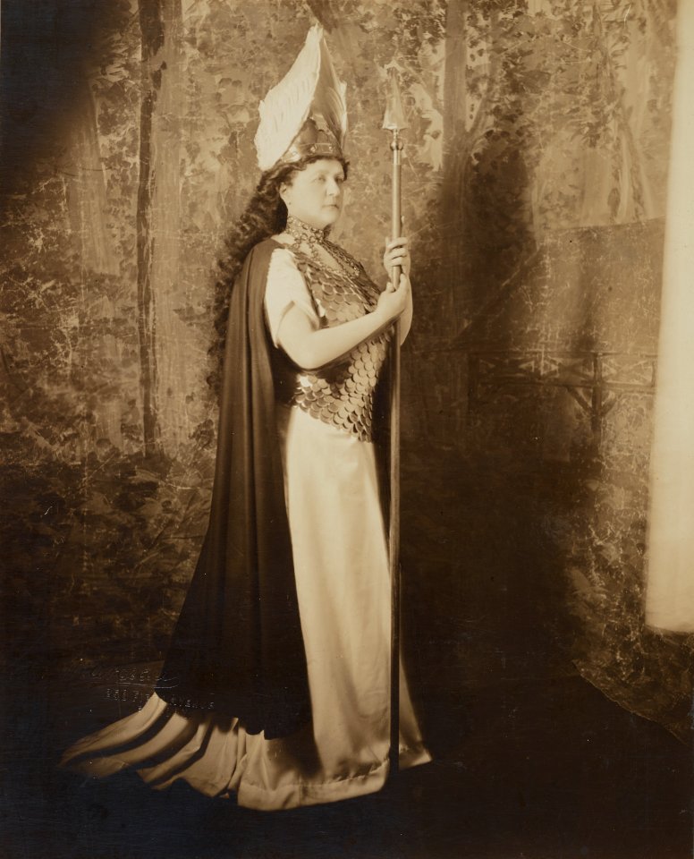 Mrs. William Jay, full-length-portrait, standing, dressed in theatrical costume, holding a spear