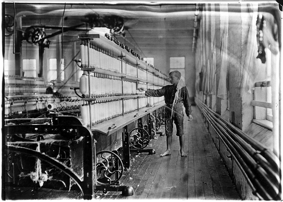 Mule-spinning room in Chace Cotton Mill. Raoul Julien a back-roping boy. Has been here 2 years. Burlington, Vt. - NARA - 523189