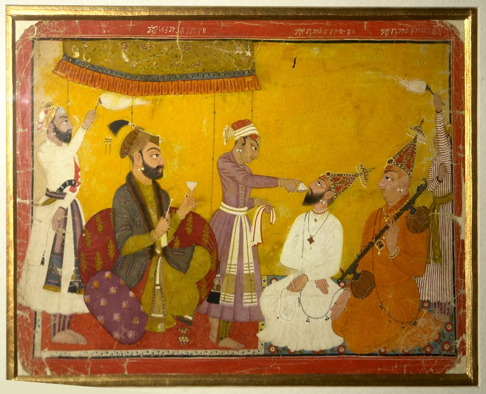 Mughal emperor Jahangir testing the strength of penance of Gosain Nirmalji and Bhagvanji, National Museum, New Delhi