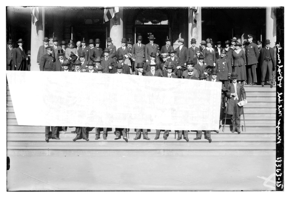 Mayor Mitchel & delegates to the Southern Commercial Congress Convention standing on steps of City Hall- Gov. Manning, S.C.; Straus; Dr. de Cespedes, Cuban Minister; Mayor Mitchel; Sen. LCCN2014705664