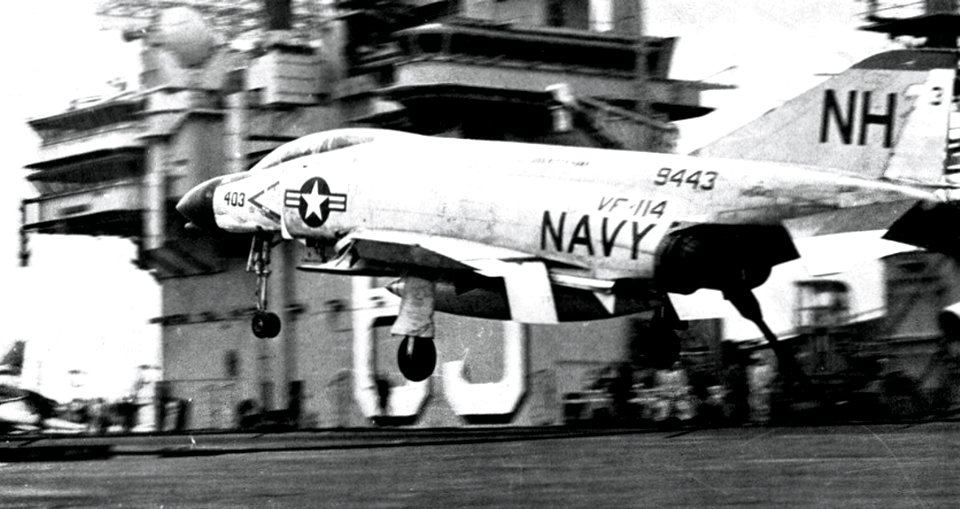 McDonnell F-4B Phantom II of VF-114 landing aboard USS Kitty Hawk (CVA-63), circa in 1963