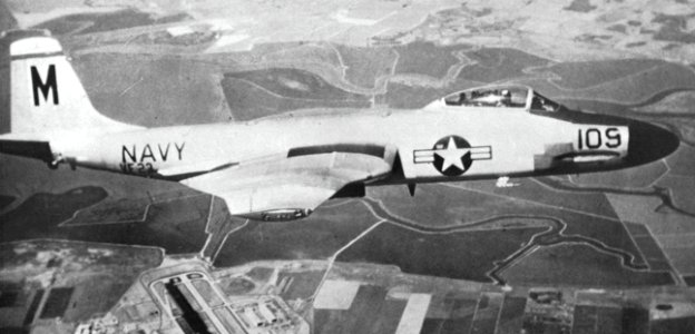 McDonnell F2H-3 Banshee of VF-23 in flight over California (USA), circa in early 1956