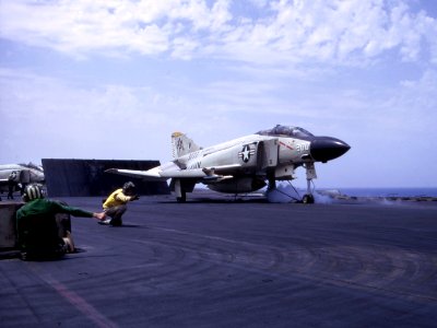 McDonnell F-4J Phantom II of VF-74 is launched from USS Forrestal (CVA-59) in the Mediterranean Sea on 2 June 1975 (428-K-109321)