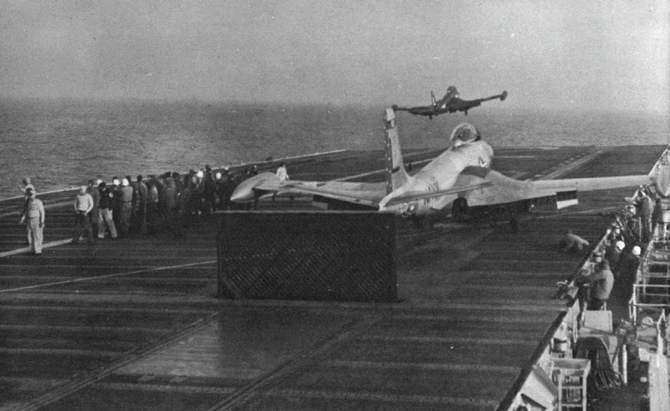 McDonnell F2H-3 Banshees of VF-71 are launched from USS Hornet (CVA-12), in 1955