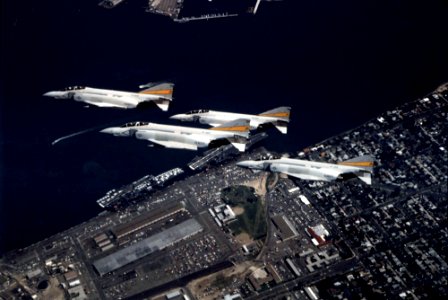 McDonnell Douglas F-4S Phantom IIs of VF-302 in flight over NAS North Island, California (USA) on 27 March 1981 (NNAM.1996.253.7310.004)