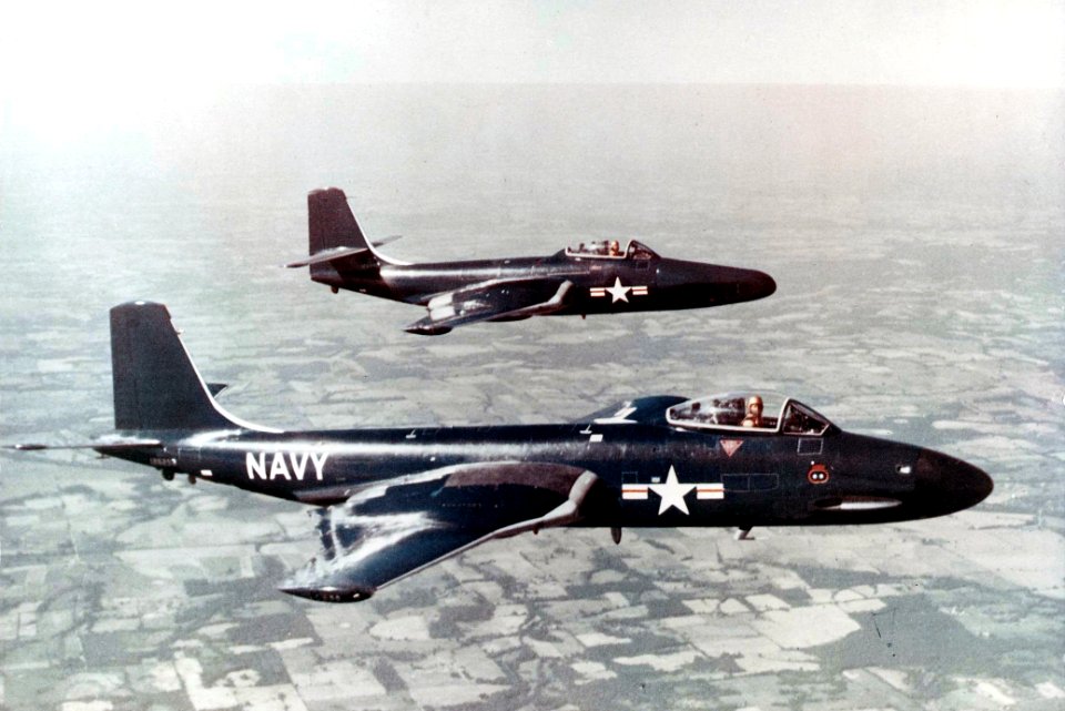 McDonnell F2H-4 and a F2H-2P Banshee in flight near St. Louis, Missouri (USA), circa in 1953 (NNAM.1996.253.7249.046)