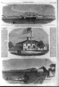 Md. - Annapolis - U.S. Naval Academy- 3 scenes - Gen...view of Annapolis, with the CONSTITUTION in the foreground; The practice battery (from land) target practice from the battery LCCN2006683649