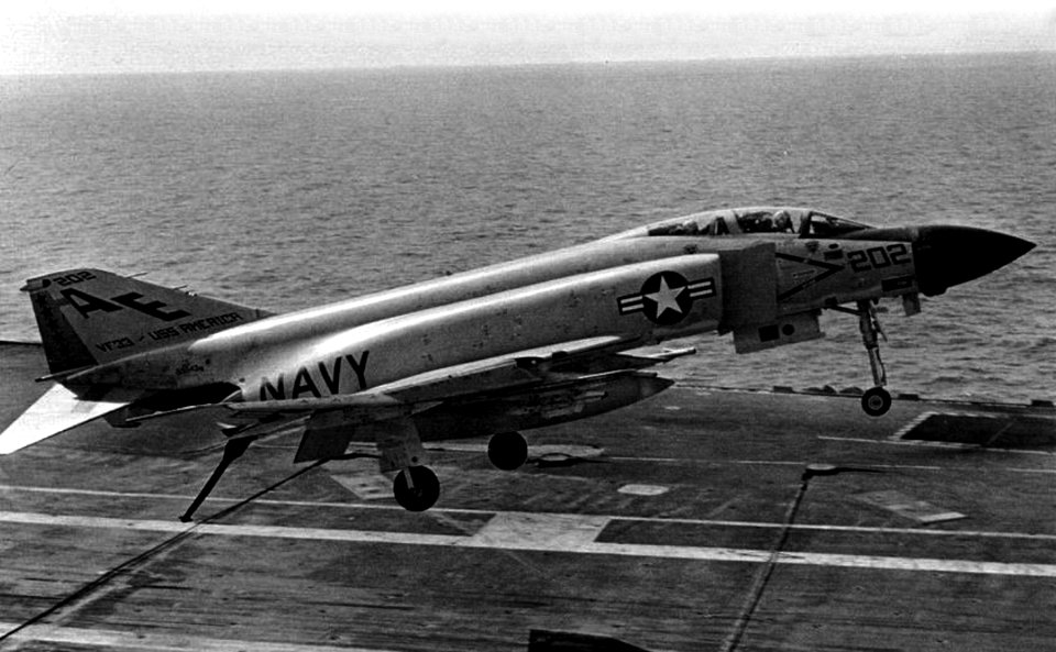 McDonnell F-4J Phantom II of VF-33 landing aboard USS America (CVA-66), in 1968