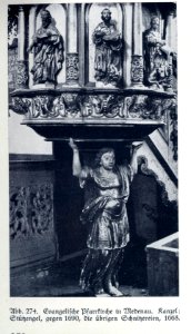 Medenau, Evangelische Pfarrkirche, Kanzel, Sützengel, 1668-1690, Bildhauer Joh. Pfeffer (zugeschrieben)