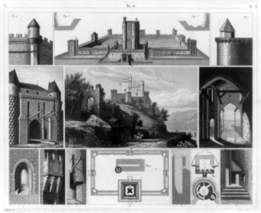 Medieval fortifications - illus. of ditches, bridges, outworks, gates, towers, battlements, turrets, machicoulis, platforms, windows, loopholes, donjons and subterranean space LCCN2006679896
