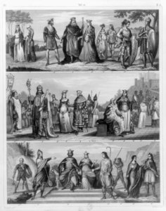 Medieval costumes of Central Europe- fig. 1 Queen Clotilda; fig. 2 Maid of honor; fig. 3 Frankish leader; fig. 4 Frankish warriors; fig. 5 King Clovis; fig. 6, Charlemagne; fig. 7, 8 Prince LCCN2006679887