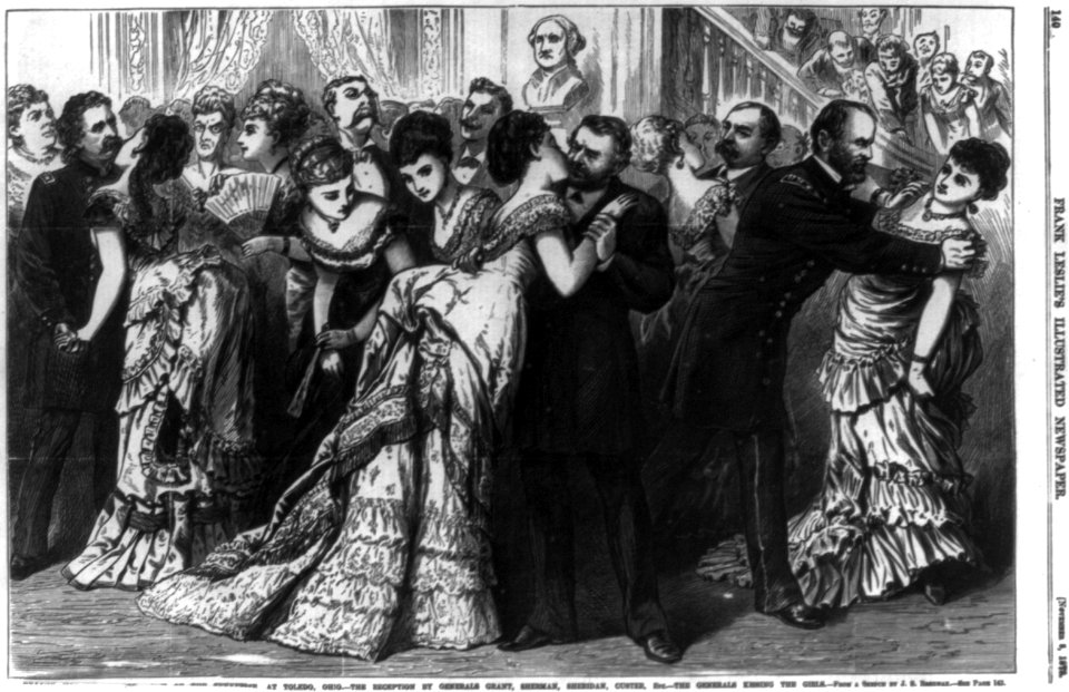 Meeting of the Army of the Tennessee, at Toledo, Ohio - the reception by Generals Grant, Sherman, Sheridan, Custer, etc. - the gererals kissing the girls LCCN99614086