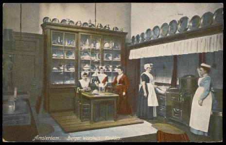 Meisjes krijgen kookles in het Burgerweeshuis, Kalverstraat 92. Uitgave N.J. Boon, Amsterdam
