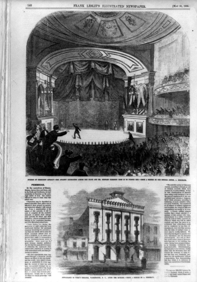 Murder of President Lincoln; The assassin retreating across the stage and Mr. Stewart climbing upon it to pursue him; Appearance of Ford's Theatre, Washington, D.C. after the murder LCCN99613996