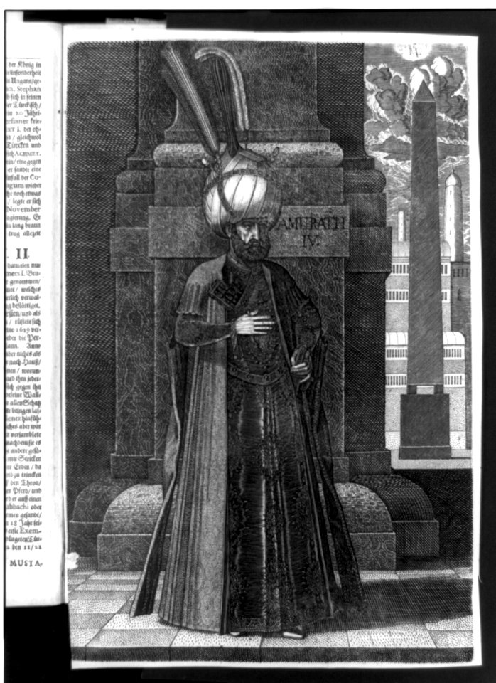 Murad (Amurath) IV, Sultan of the Turks, 1612-1640, full-length portrait, standing, facing right, against building with obelisk at right LCCN90705896