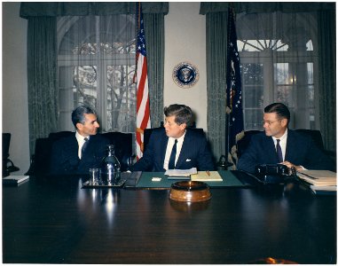 Meeting with the Shah of Iran. Mohammad Reza Shah Pahlavi, President Kennedy, Secretary of Defense Robert McNamara.... - NARA - 194206 photo
