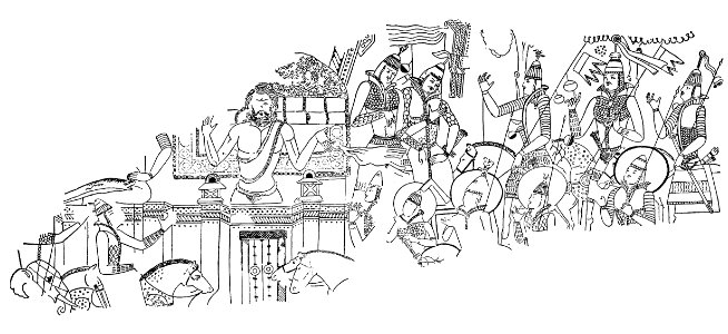Mural with warriors, Cave of the Painters, Kizil Caves