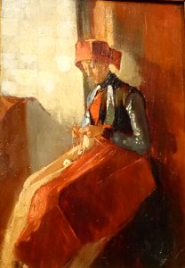 Museum Hindeloopen - Breiend Hindelooper meisje geschilderd door Christoffel Bisschop (1828-1904) (cropped)
