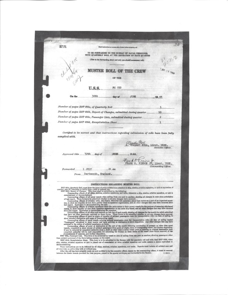 Muster Roll for USS PC-552 June 30 1944