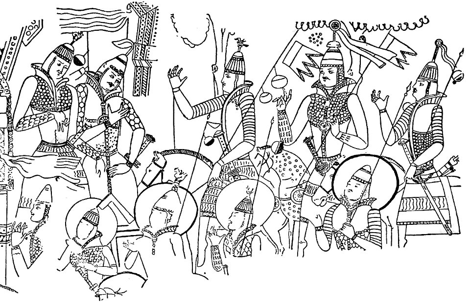 Mural with warriors, Cave of the Painters, Kizil Caves (detail)