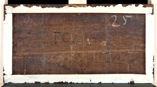 Målning. Fatyg i storm vid klippig kust. Jan Porcellis. Baksidan - Hallwylska museet - 86700