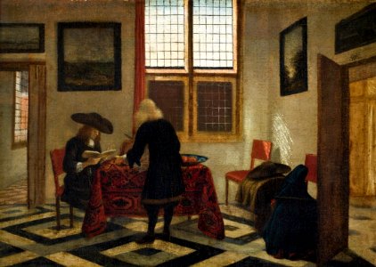 Målning. Interiörscen med sjungande o violspelande män. Pieter Janssens Elinga - Hallwylska museet - 86726